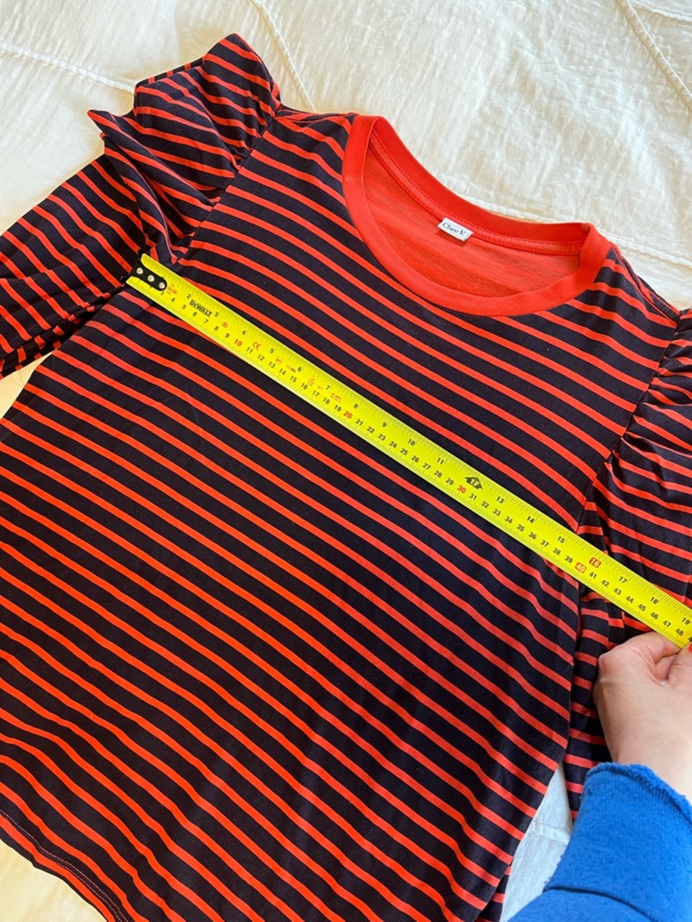 Clare V Red and Navy Puff-Sleeve Striped Long-Sleeve Tee - Picture 14 of 15